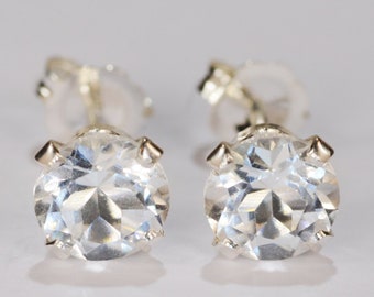 White Topaz Earrings~.925 Sterling Silver Setting~Genuine Natural Mined~6mm Round