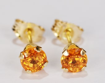 Boucles d'oreilles grenat mandarin ~ monture en or jaune 14 KT ~ 4 mm rond ~ véritable extrait naturel