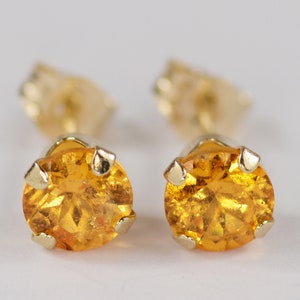 Mandarin Garnet Earrings~14 KT Yellow Gold~5mm Round Cut~Genuine Natural Mined