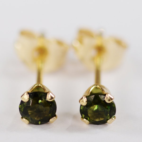 Green Tourmaline Earrings~14 KT Yellow Gold~3mm Round Cut~Genuine Natural Mined