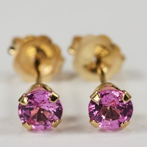 Pink Sapphire Earrings~14 KT Yellow Gold Setting~4mm Round~Genuine Natural Mined