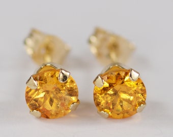 Mandarin Garnet Earrings~14 KT Yellow Gold~5mm Round Cut~Genuine Natural Mined