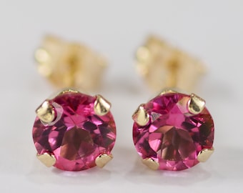 Mystic Pink Topaz Earrings~14KT Gold Setting~5mm Round Cut~Genuine Natural Mined Gemstones