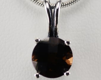 Smoky Quartz  Pendant~Heavy .925 Sterling Silver Setting ~ 8mm Round ~ Genuine Natural Mined
