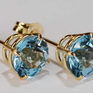 Swiss Blue Topaz Earrings~14KT Yellow Gold Premium Setting~6mm Round~Genuine Natural