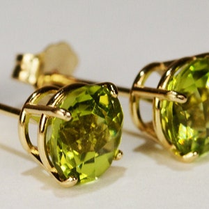 Peridot Earrings~14KT Yellow Gold Premium Basket Setting~6mm Round~Genuine Natural Mined