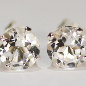 White Topaz Earrings~.925 Sterling Silver Setting~8mm Round Cut~Genuine Natural Mined