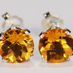 Citrine Earrings~.925 Sterling Silver Setting~7mm Round Cut~Genuine Natural Mined