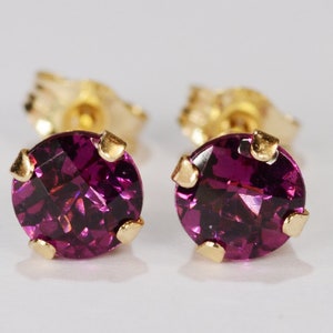 Rhodolite Garnet Earrings~14KT Yellow Gold Setting~5mm Round~Genuine Natural Mined