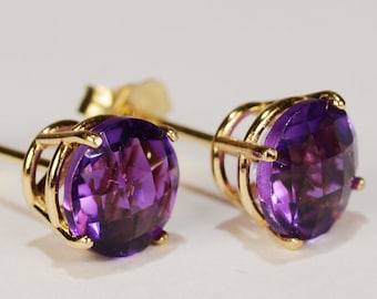 Amethyst Earrings~14KT Yellow Gold Premium Basket Setting~6mm Round~Genuine Natural Mined