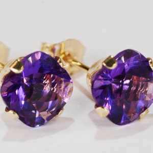 Amethyst 6mm Cushion Earrings~14KT Yellow Gold Setting~Genuine Natural Mined Gemstones