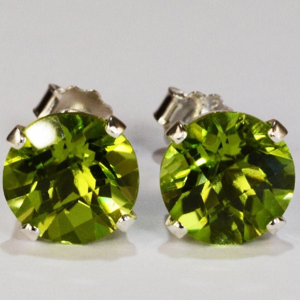 Green Peridot Earrings~8mm Round Cut~.925 Sterling Silver Setting~Genuine Natural Mined