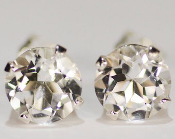 White Topaz Earrings~.925 Sterling Silver Setting~8mm Round Cut~Genuine Natural Mined