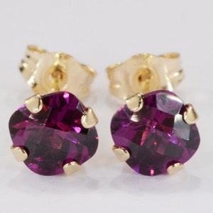 Rhodolite Garnet Earrings~14KT Yellow Gold Setting~5mm Cushion Cut~Genuine Natural Mined