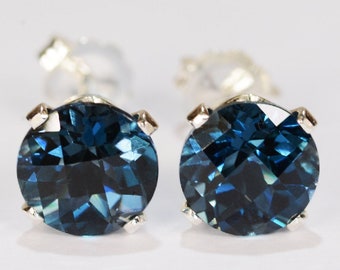 London Blue Topaz Earrings~.925 Sterling Silver Setting~7mm Round Cut~Genuine Natural Mined