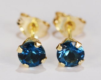 London Blue Topaz Earrings~14 KT Yellow Gold Setting~4mm Round~Genuine Natural Mined
