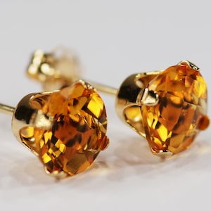 Citrine Earrings~14KT Yellow Gold 4 Prong Setting~6mm Round~Genuine Natural