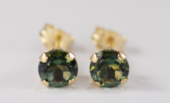 Mystic Forest Green Topaz Earrings~14KT Gold Setting~5mm Round Cut~Genuine Natural Mined Gemstones