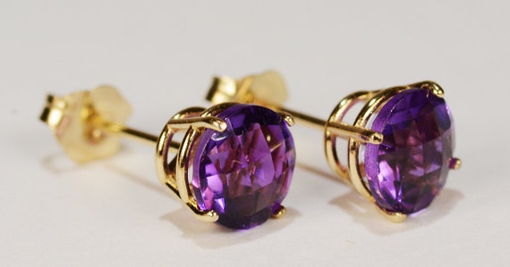 Amethyst Earrings~14KT Yellow Gold Premium Basket Setting~6mm Round~Genuine Natural Mined
