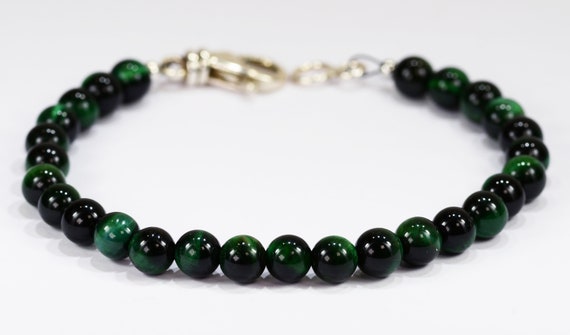 Green Tigers Eye Bead Bracelet 6mm Beads~.925 Sterling Silver Clasp ~ Custom Sizing
