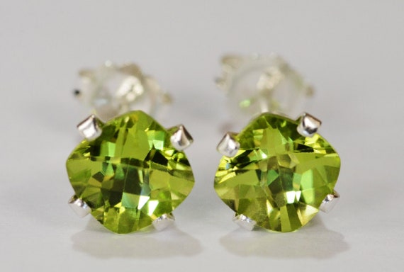 Peridot Earrings~.925 Sterling Silver Setting~6mm Cushion Cut~Genuine Natural Mined