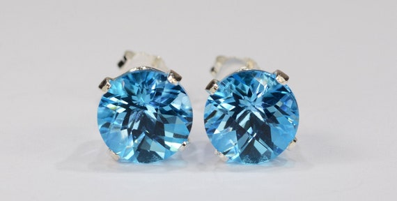Swiss Blue Topaz Earrings~.925 Sterling Silver Setting~8mm Round Cut~Genuine Natural Mined