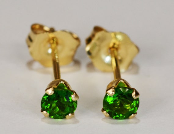 Chrome Diopside Earrings~14 KT Yellow Gold~3mm Round Cut~Genuine Natural Mined