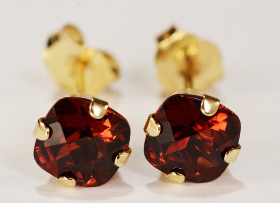 Red Garnet Earrings~14KT Yellow Gold Setting~5mm Cushion Cut~Genuine Natural Mined