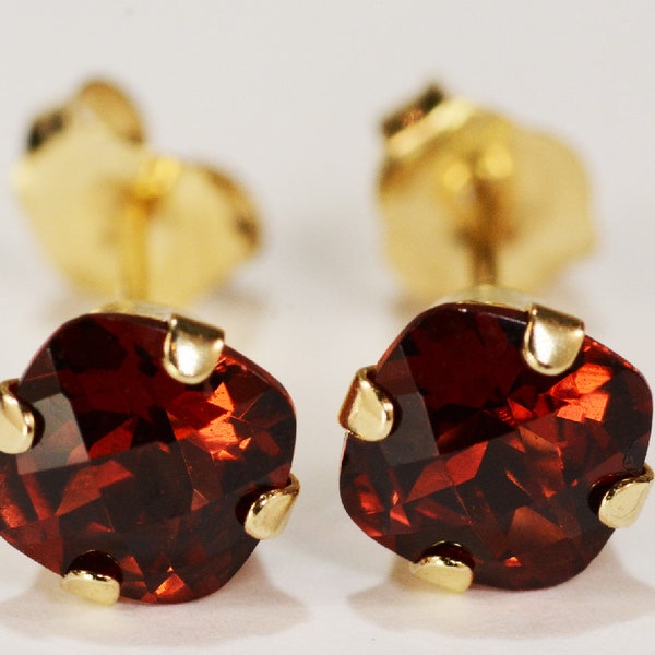 Red Garnet Earrings~14KT Yellow Gold Setting~5mm Cushion Cut~Genuine Natural Mined