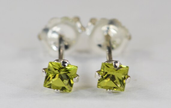 Peridot Princess Earrings~.925 Sterling Silver Setting~3mm Princess Cut~Genuine Natural Mined