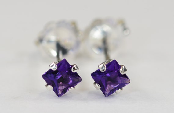 Purple Amethyst Princess Earrings~.925 Sterling Silver Setting~3mm Princess Cut~Genuine Natural Mined