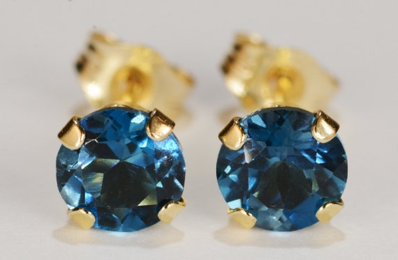 London Blue Topaz Earrings~14kt Yellow Gold Setting~5mm Round~Genuine Natural Mined