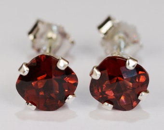 Red Orange Garnet Earrings~.925 Sterling Silver Setting~6mm Cushion Cut~Genuine Natural Mined