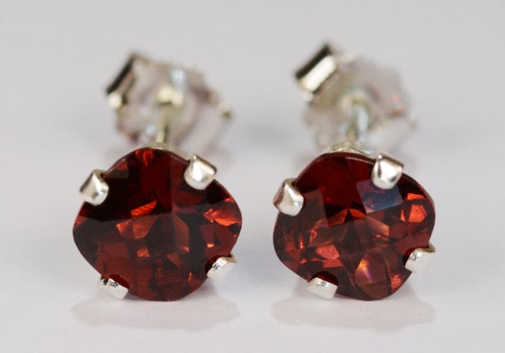 Red Orange Garnet Earrings~.925 Sterling Silver Setting~6mm Cushion Cut~Genuine Natural Mined