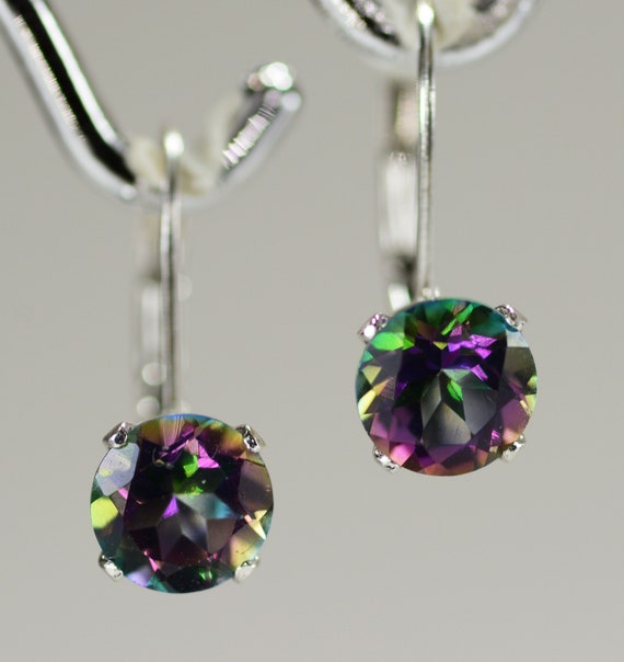 Mystic Green Topaz Lever-back Earrings~.925 Sterling Silver Lever-back with 4 prong Setting~6mm Round Cut~Genuine Natural Mined
