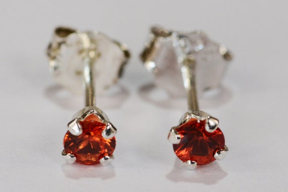 Red Orange Sapphire Earrings~.925 Sterling Silver Setting~3mm Round Cut~Genuine Natural Mined