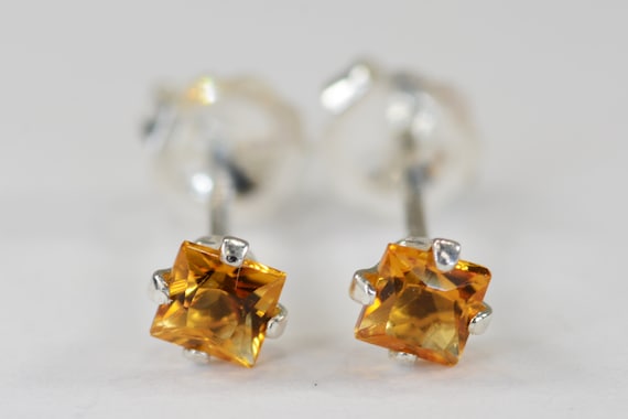 Citrine Princess Earrings~.925 Sterling Silver Setting~3mm Princess Cut~Genuine Natural Mined