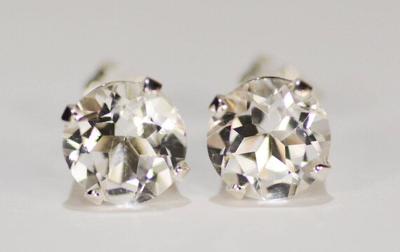 White Topaz Earrings~.925 Sterling Silver Setting~8mm Round Cut~Genuine Natural Mined