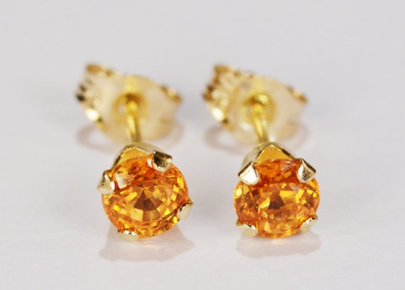 Mandarin Garnet Earrings~14 KT Yellow Gold Setting~4mm Round~Genuine Natural Mined