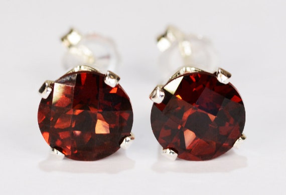 Red Garnet Earrings~.925 Sterling Silver Setting~7mm Round Cut~Genuine Natural Mined