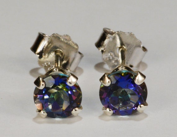 Mystic Blue Topaz Earrings~.925 Sterling Silver Setting~5mm Round Cut~Genuine Natural Mined Gemstones