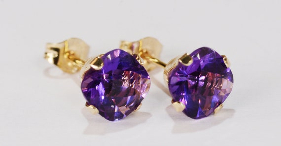 Amethyst 6mm Cushion Earrings~14KT Yellow Gold Setting~Genuine Natural Mined Gemstones