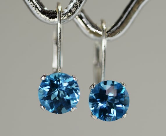 Swiss Blue Topaz Lever-back Earrings~.925 Sterling Silver Lever-back with 4 prong Setting~6mm Round Cut~Genuine Natural Mined