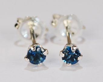 London Blue Topaz Earrings~.925 Sterling Silver Setting~3mm Round Cut~Genuine Natural Mined