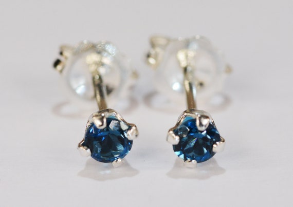 London Blue Topaz Earrings~.925 Sterling Silver Setting~3mm Round Cut~Genuine Natural Mined
