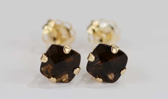 Smoky Quartz Earrings~14KT Gold Setting~5mm Cushion Cut~Genuine Natural Mined