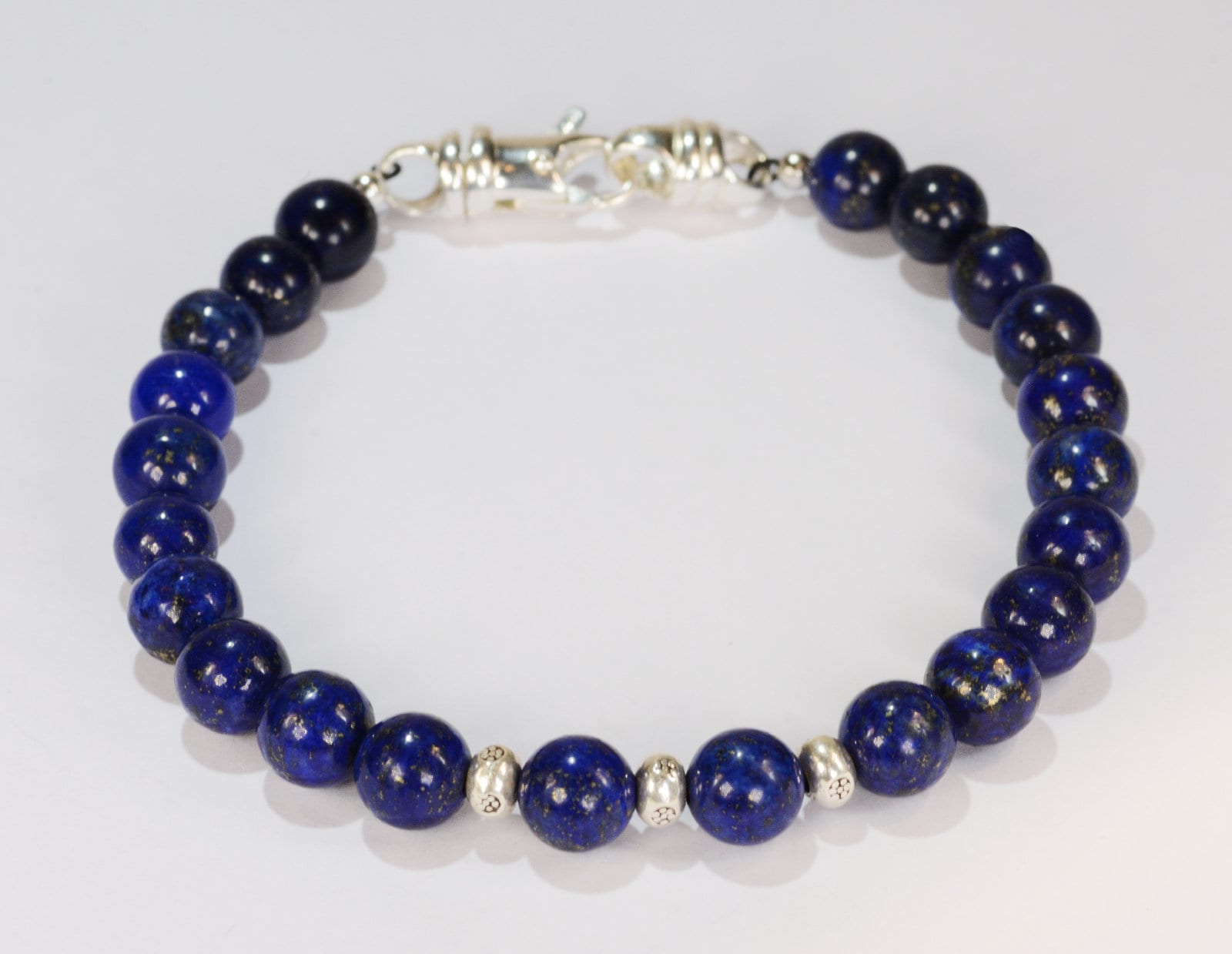 Blue Lapis Spiritual Bead Bracelet with.925 Silver Accents.925 Sterling Silver Clasp8mm Beads