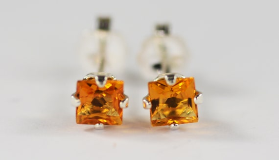Citrine Earrings~.925 Sterling Silver Setting~4mm Princess Cut~Genuine Natural Mined Gemstones