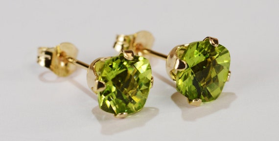Peridot Cushion Earrings~14KT Yellow Gold Setting~6mm~Genuine Natural Mined Cushion