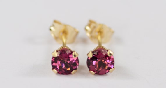 Rhodolite Garnet Earrings~14KT Yellow Gold Setting~4mm Round~Genuine Natural Mined